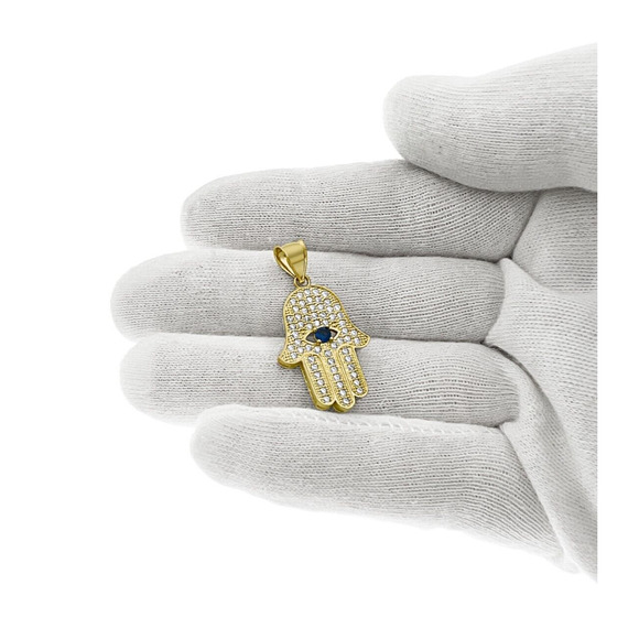 Hamsa Fatima Hand Pendant 10k Yellow Gold CZ Charm 1 inch - Picture 3 of 3